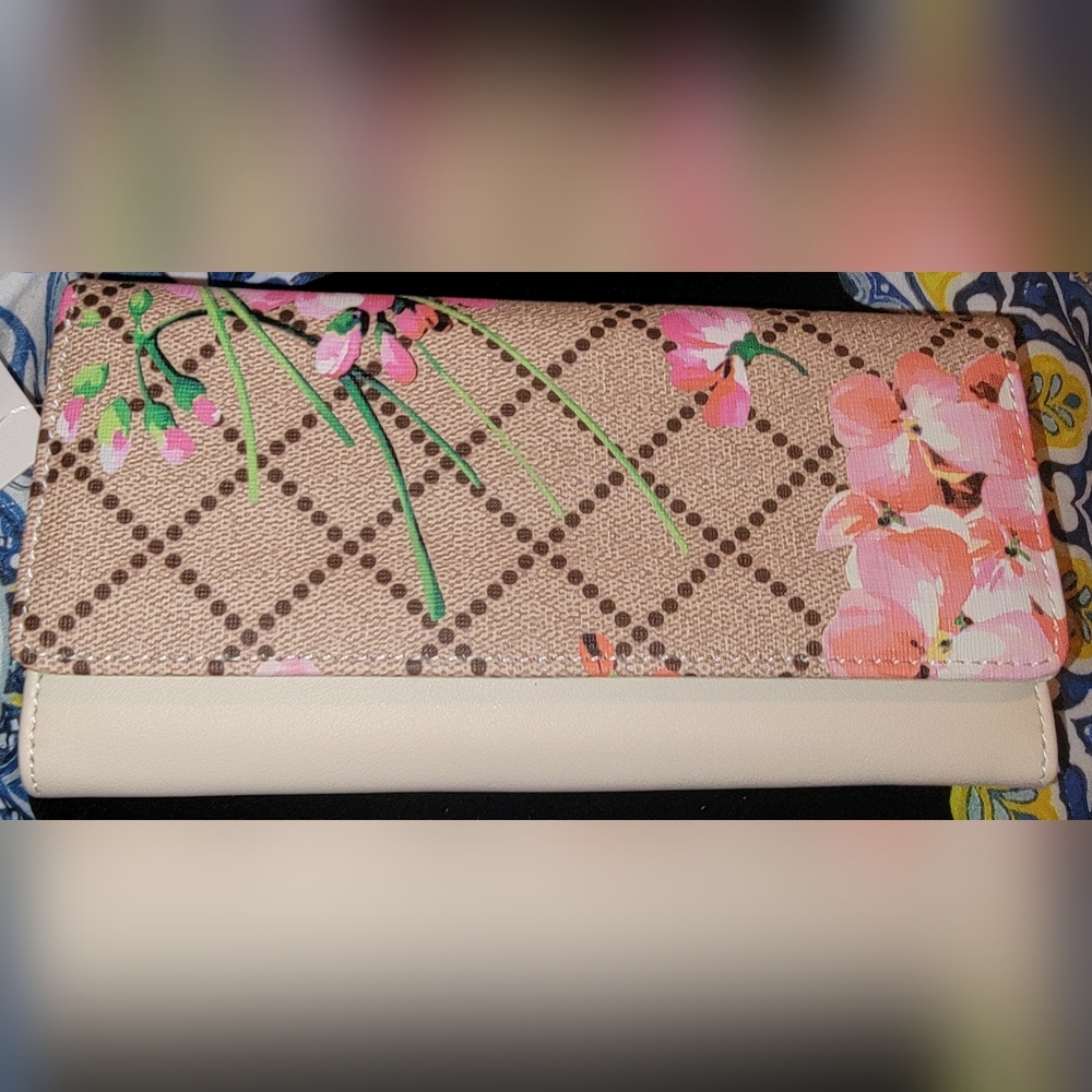 Floral Printed Fold-Over Wallet in Beige and Pink